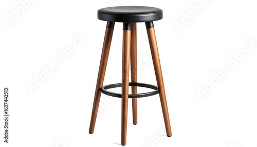 Black leather seat and brown wood legs bar stool