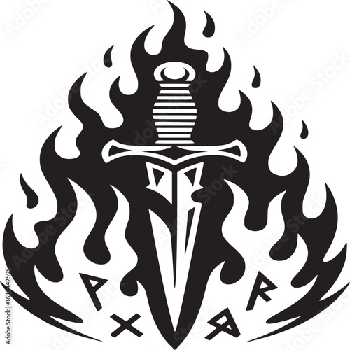 Powerful flaming sword with Viking runes for warrior spirit and Norse mythology designs or fantasy game art