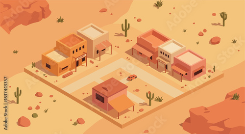 Isometric low-poly Desert town. Car drives by cactus, rock hills; game map mockup