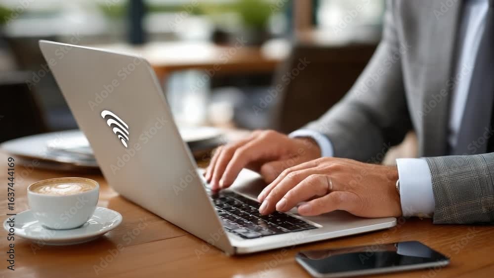 Focused Productivity: An individual, deeply immersed in work at a cafe, effortlessly navigates their laptop, a symbol of modern business in a stylish setting. Focused Productivity: An individual, deeply immersed in work at a cafe, effortlessly navigates their laptop, a symbol of modern business in a stylish setting.