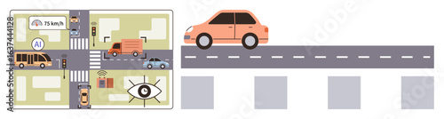 AI-based traffic management system analyzes vehicles, pedestrians, road signs, and sensors to optimize safety. Ideal for urban planning, technology, automation, mobility, transportation innovation