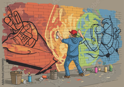 Artist spraying graffiti on wall with past artwork in view, for street art concept
