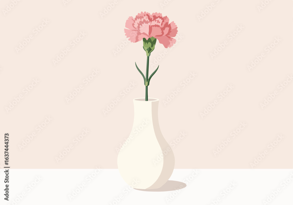 Fototapeta premium Pink carnation in vase on a white surface against pink background for card design