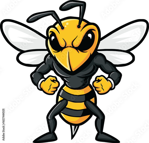 A powerful, angry cartoon wasp stands defiantly, fists clenched.