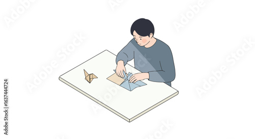Person folding origami on a desk with completed model, tutorial illustration