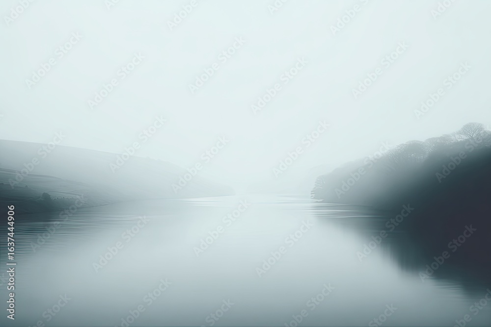 Fototapeta premium Misty valley, tranquil lake
