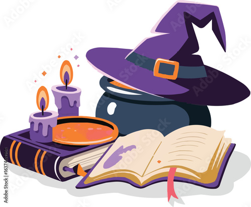 Witch Hat with Magic Cauldron, Spell Books and Candles – Halloween Witchcraft Illustration