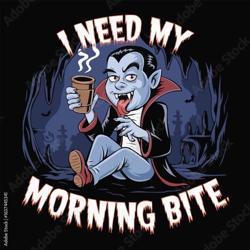 Funny Vampire Coffee T-Shirt – “I Need My Morning Bite” Halloween Chef Design