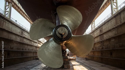 Large ship propeller in dry dock with industrial setting