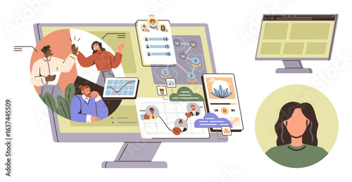 Diverse team collaborating digitally via screens and profiles, showing workflows, charts, and user connections. Ideal for teamwork, online communication, organization, project management, technology