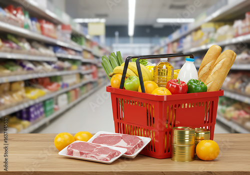 Grocery Basket Full of Food in Supermarket