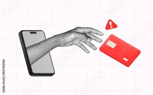 Halftone collage online credit card cyber fraud with a hand from smartphone stealing card,  digital scam, and data theft prevention