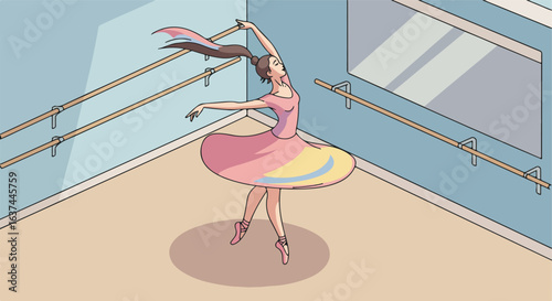 Ballerina dancing at ballet studio with barre and mirror at the back