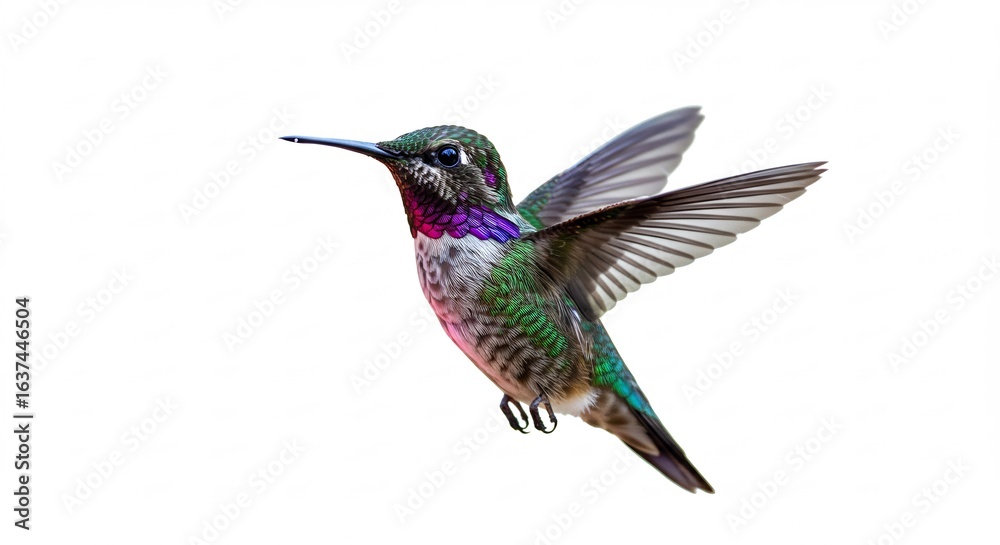Naklejka premium 鮮やか羽根 ハチドリ 軽快に飛翔 白背景. AI Generated