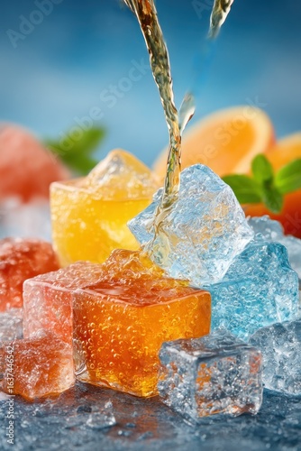 Refreshing colorful ice cubes with liquid pouring