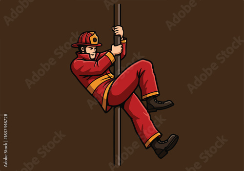 Cartoon firefighter slides down pole in station with plain background