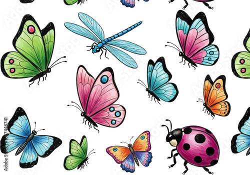 Collection of colorful butterflies and insects isolated on white background