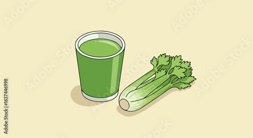Veggie juice celery drink sits on beige table for healthy lifestyle use