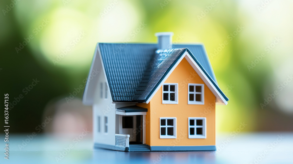 A small, white and orange toy house with a green roof and black trim, placed on a blurred green background with a white table in the foreground. A small, white and orange toy house with a green roof and black trim, placed on a blurred green background with a white table in the foreground.