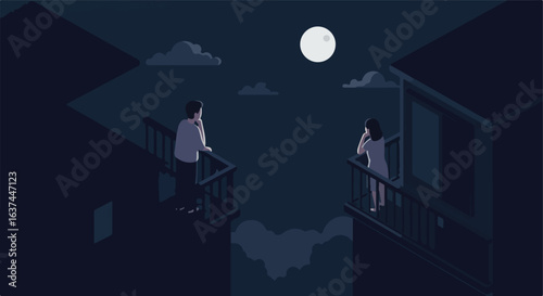 People pondering on balconies at night, moon and clouds in the sky, for social issues