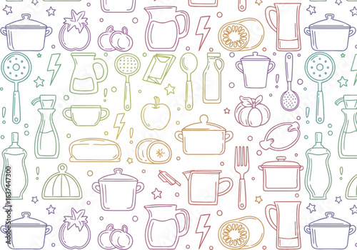Handdrawn kitchen utensils and food items pattern isolated on white background
