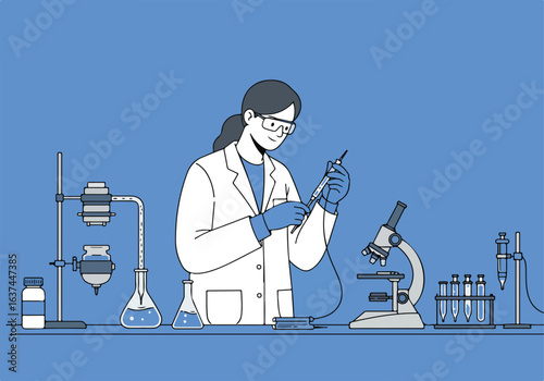Scientist Filling Syringe at Lab Bench with Microscope, Glassware on Blue Background