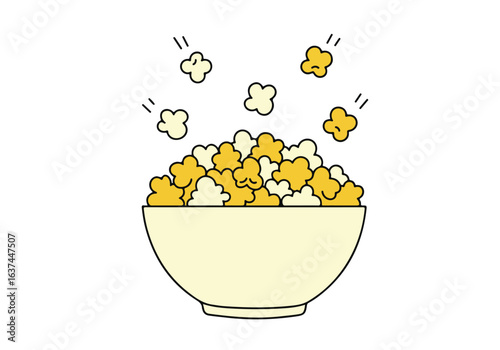 Popcorn bowl. Floating kernels on a white background. For movie nights, snacks