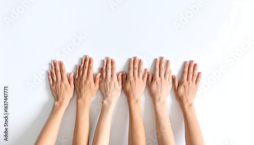 Diverse hands reaching up against white background