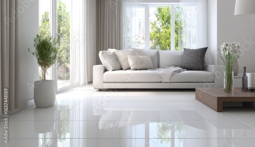 Bright, modern living room with white tiled floor and a white couch