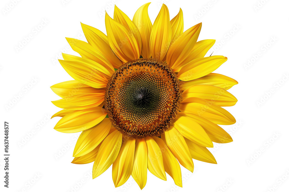 Fototapeta premium Close-up of a vibrant sunflower. Bright yellow petals radiate outward from a dark-orange central disc. Detailed texture in both petals and disc