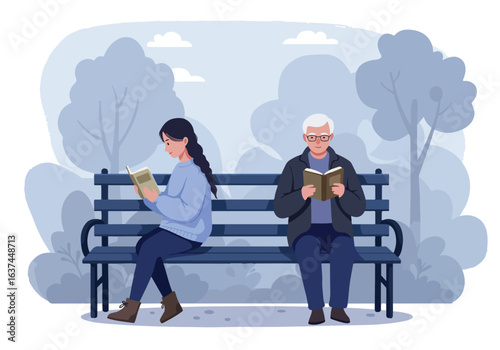 People reading on a bench in park with trees in background, illustration for wellness