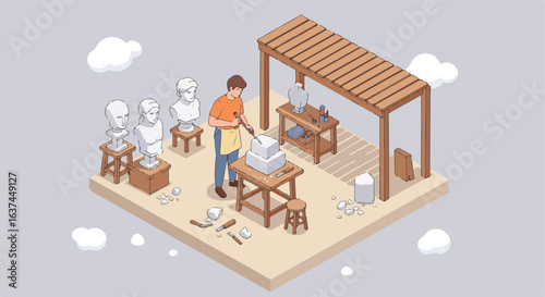 Isometric stone sculptor chipping marble outside under a canopy, busts shown