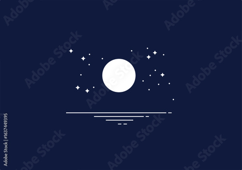 Night scene Full moon over still ocean under starry skies for a peaceful design