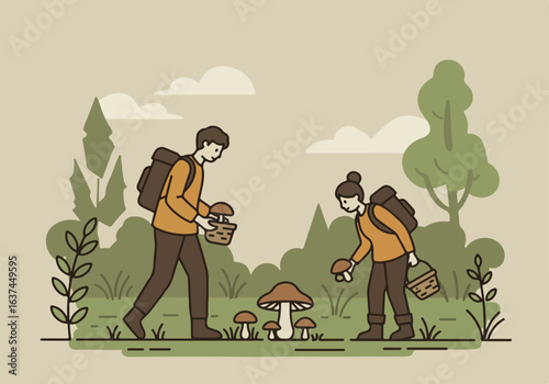 Couple gathering mushrooms in forest, foraging, woodland landscape