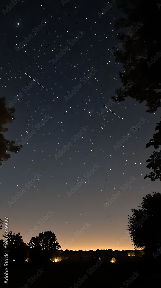 Naklejka premium Night sky with shooting stars over landscape