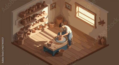 Potter shapes clay on wheel in workshop. Displayed pottery lines shelves in back