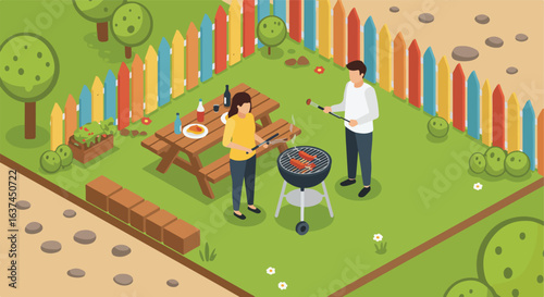 Backyard barbecue party, cooking outdoors, lawn, fence and trees, for invitations