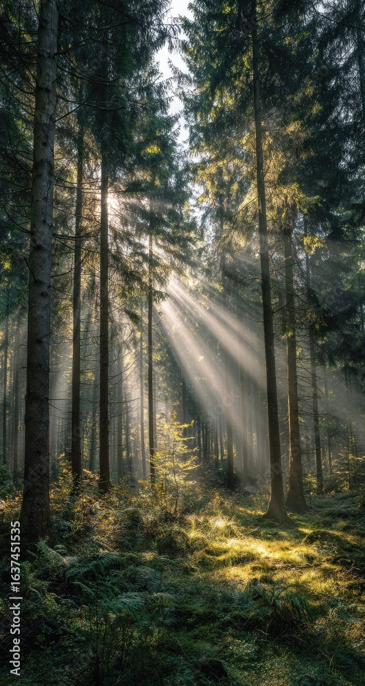 Naklejka premium Sunlight streams through a misty forest