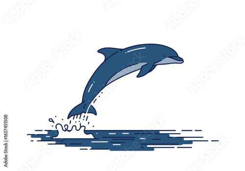 Leaping dolphin illustration in ocean. Flat design with simple background for ads