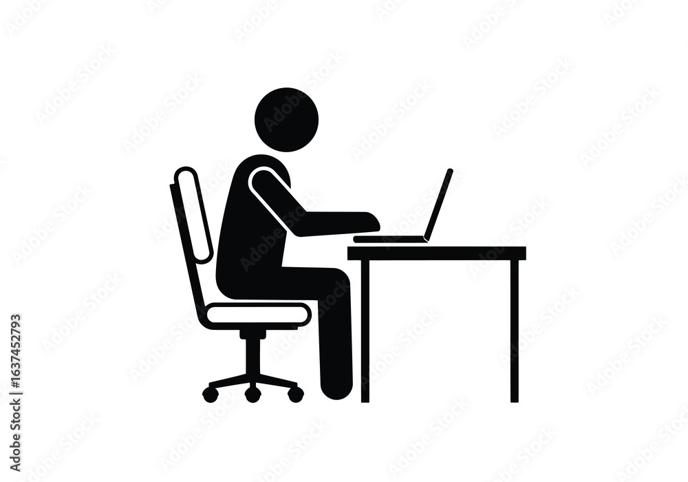 Fototapeta premium Vector illustration of silhouette of a person sitting at a desk and working on a laptop computer, isolated on white background