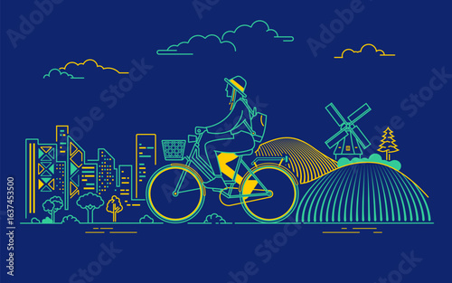 concept of ecotourism or green transportation, graphic of traveler cycling on bicycle with natural and city view