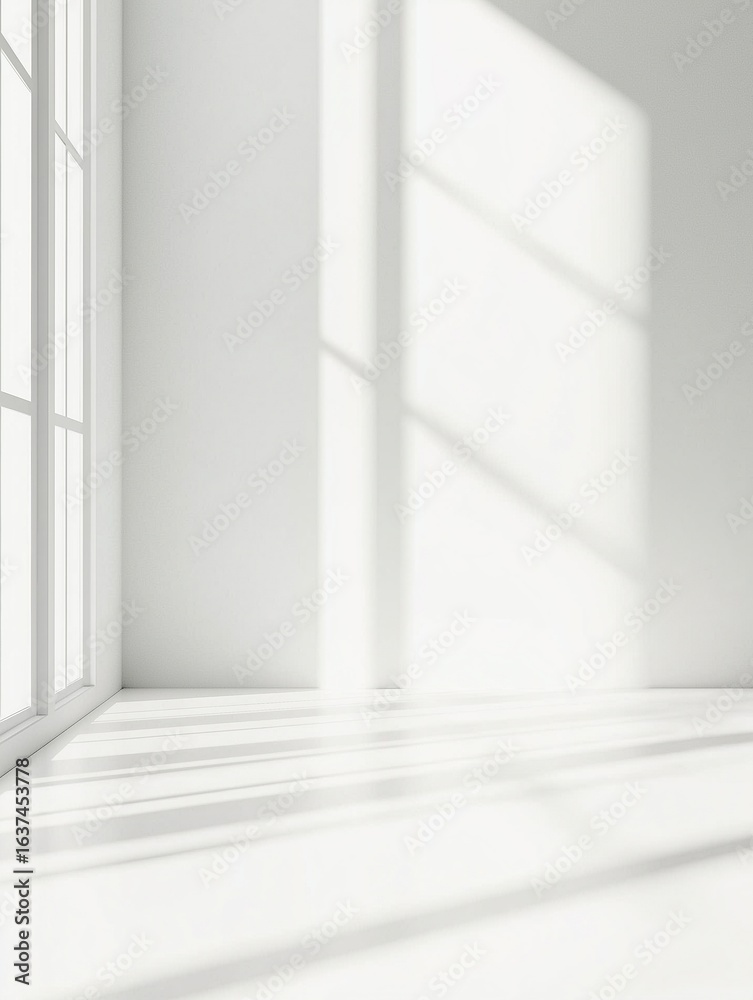 Empty white room with windows and light, minimalist interior design, architecture, and a clean modern space Empty white room with windows and light, minimalist interior design, architecture, and a clean modern space