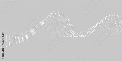 Flowing dots particles wave pattern halftone gradient curve shape isolated on white background. Vector in concept of technology, science, music