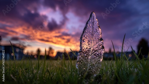 Fototapeta Naklejka Na Ścianę i Meble -  Frozen leaf sculpture in dewy grass, vibrant sunset