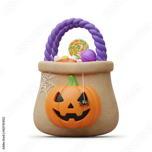 Halloween Pumpkin Basket with Candy and Spider Decor in Playful Style