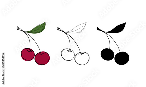 A colored cherry with a leaf. Vector illustration with a line, contour, silhouette, hand-drawn, flat design. A set of different versions of modern fruit graphic elements, icons for decoration, design,