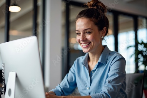 Close-up Portrait of a Smiling Female Accountant Focused on Her Computer in a Contemporary Office Environment. Free Download Close-up Portrait of a Smiling Female Accountant Focused on Her Computer in a Contemporary Office Environment. - GFXLoad