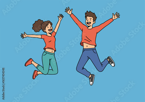 Joyful couple leaping in air against plain blue backdrop, expressing happiness