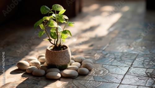 Small potted plant on a tiled floor, bathed in sunlight