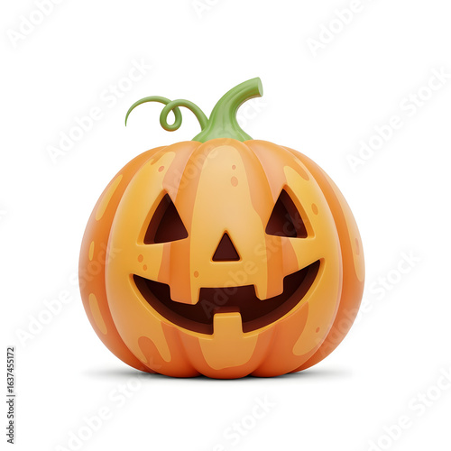 Bright Orange Halloween Pumpkin with Carved Face and Green Stem Suitable for Fall and Holiday Decorations